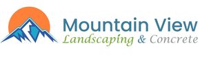 Logo of Mountain View Landscaping & Concrete: a mountain with an orange sun behind it, teal text on white background.