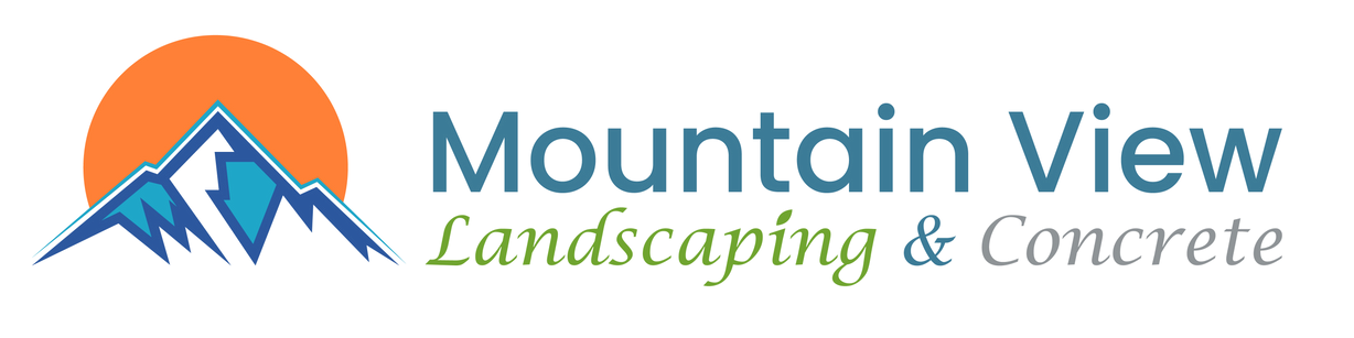Logo of Mountain View Landscaping & Concrete: a mountain range in front of an orange sun, with text in blue and green.