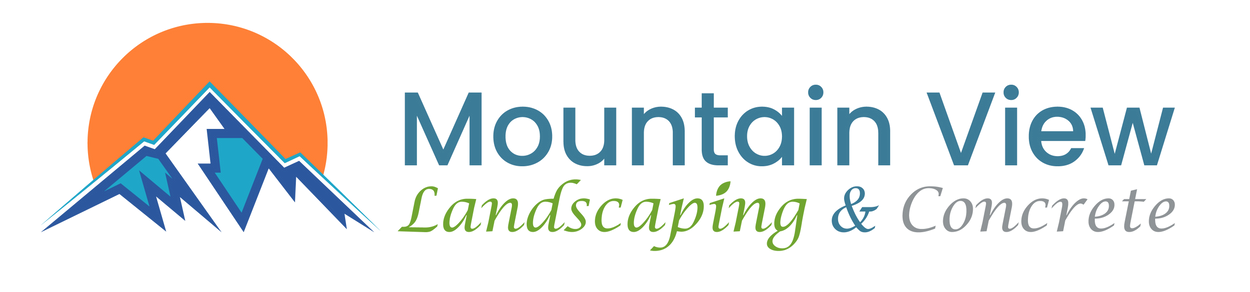 Mountain View Landscaping & Concrete logo: blue mountains, orange sun, teal text.
