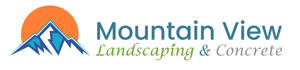 Mountain View Landscaping & Concrete logo: blue mountains, orange sun, teal text.