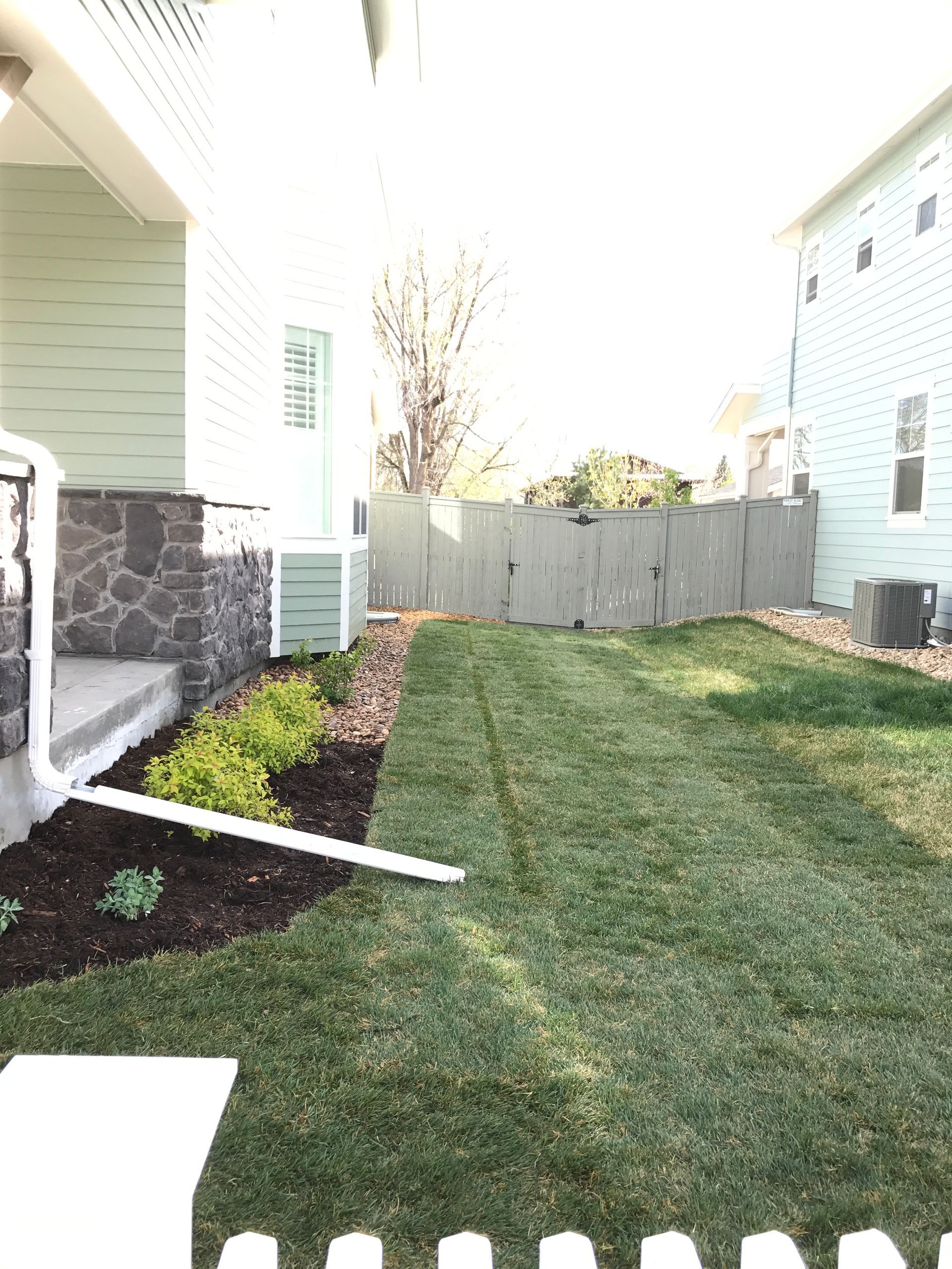 Green lawn and flowerbed next to a house with a white fence and a gray fence in the background.
