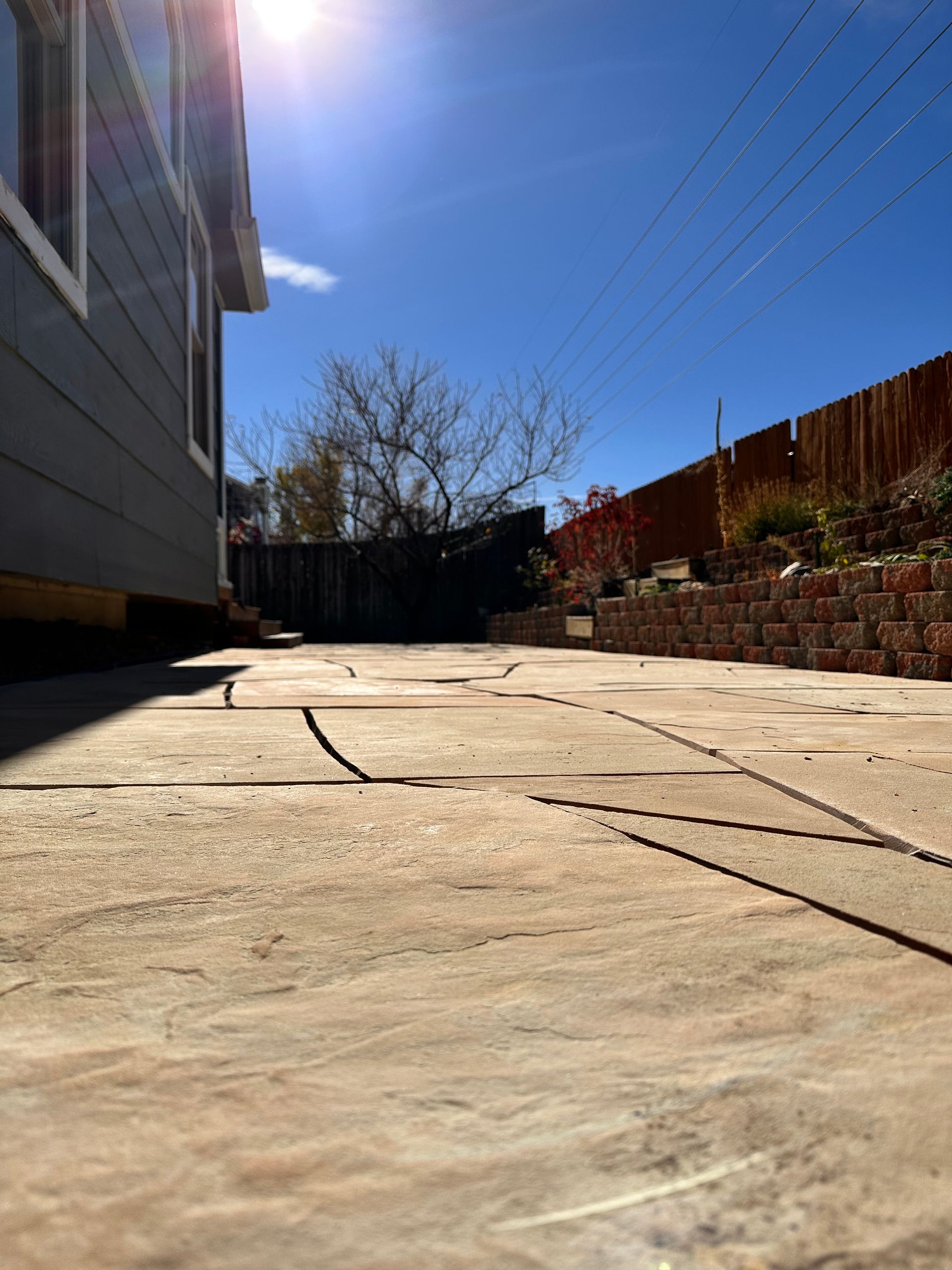 A sunny backyard with a stone patio, wooden fence, and blue sky.