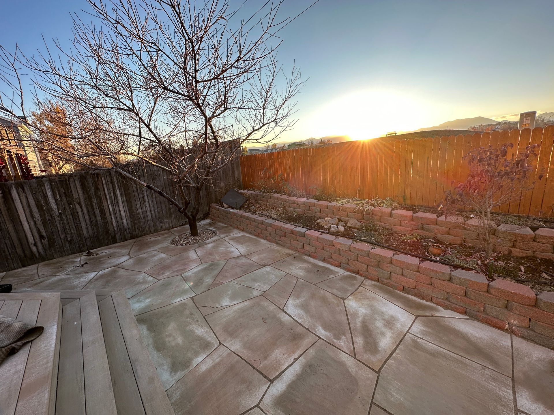 Concrete patio with bare tree, wooden fence, brick border, and setting sun.