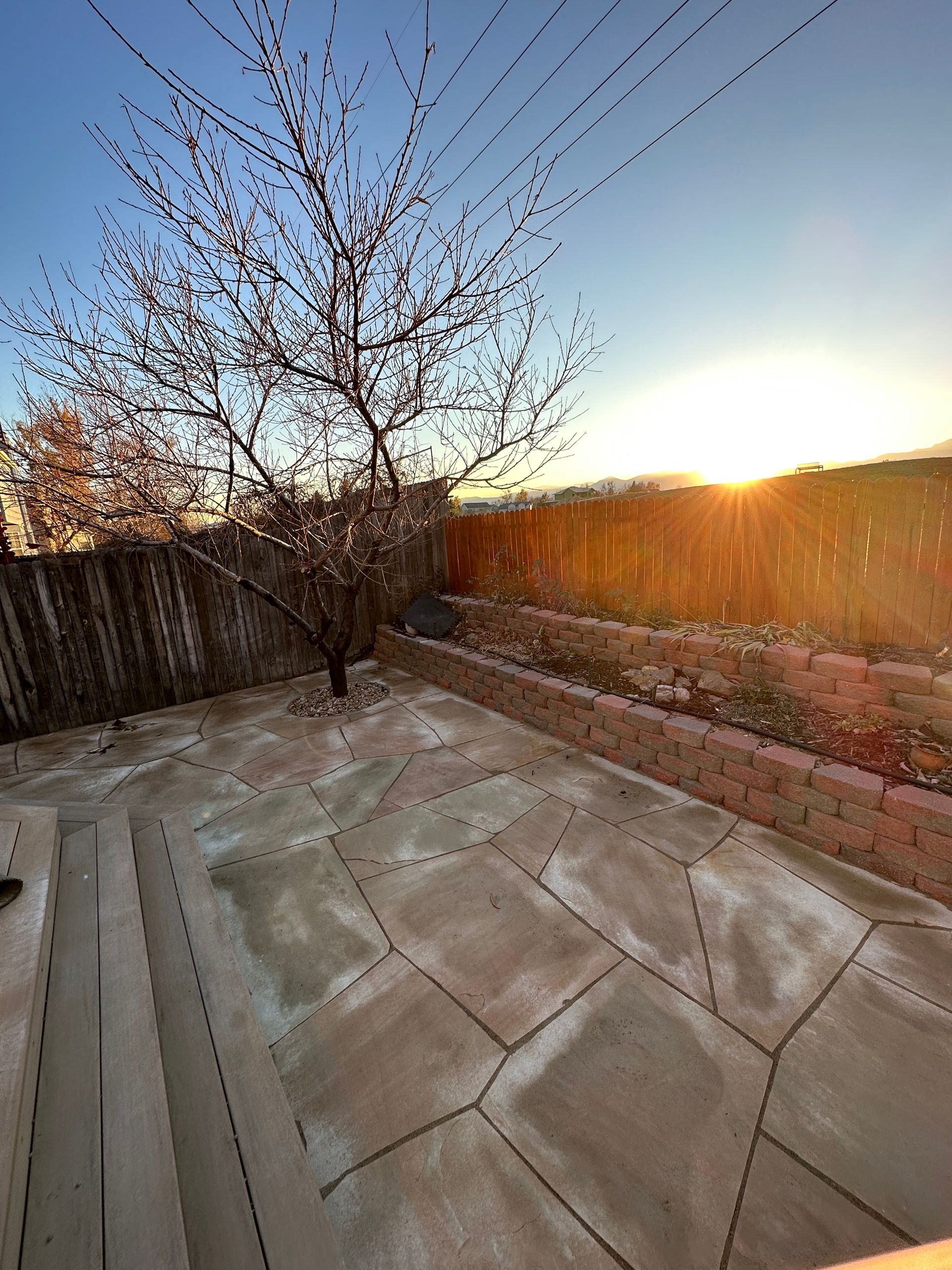 Backyard patio at sunset with bare tree, fence, and golden light.