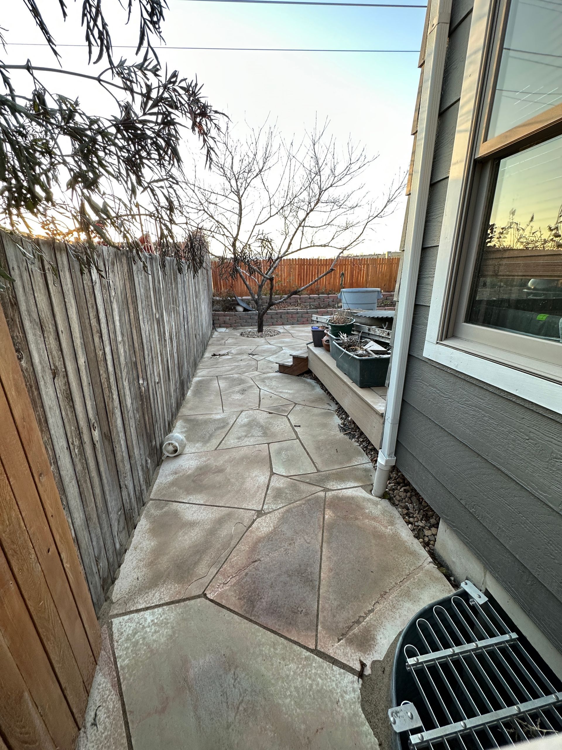 Narrow backyard path between a wooden fence and a house with a window; a bare tree is visible.