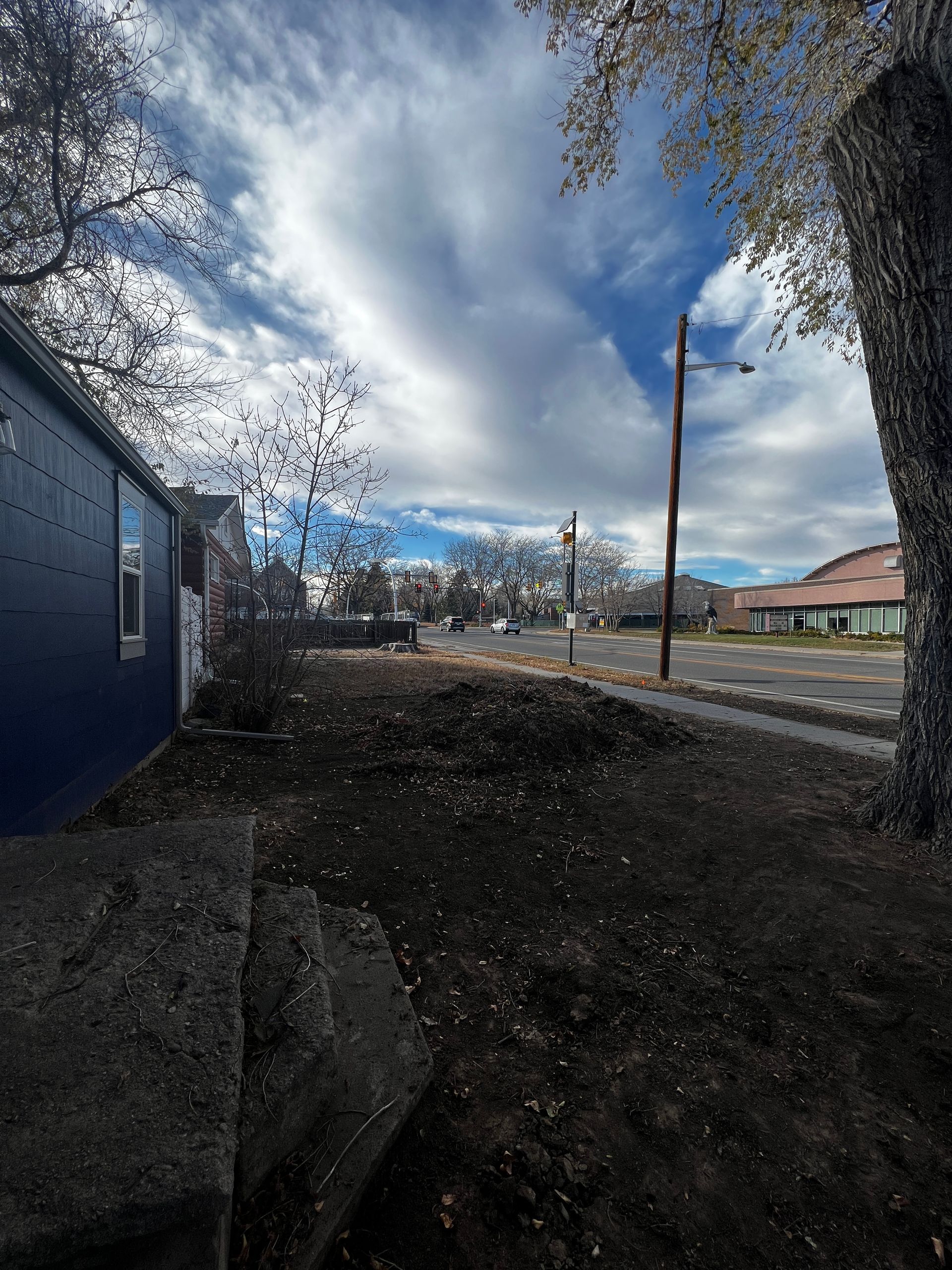 Blue house with a dark yard, cloudy sky, road, and trees.