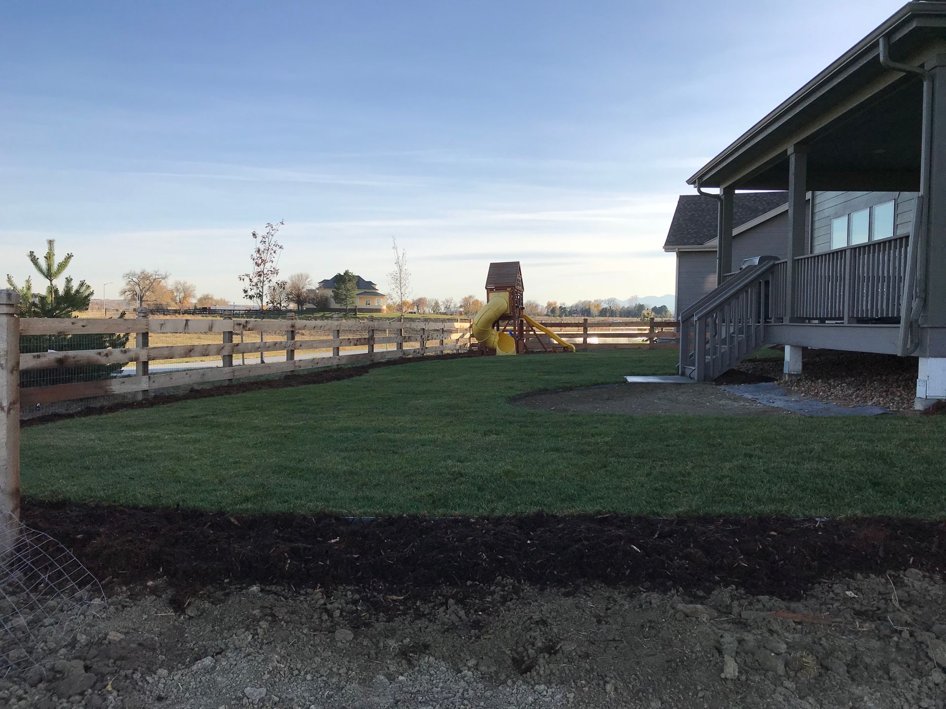 Newly laid green grass in a backyard next to a wooden fence and a house. Playground visible in the distance.