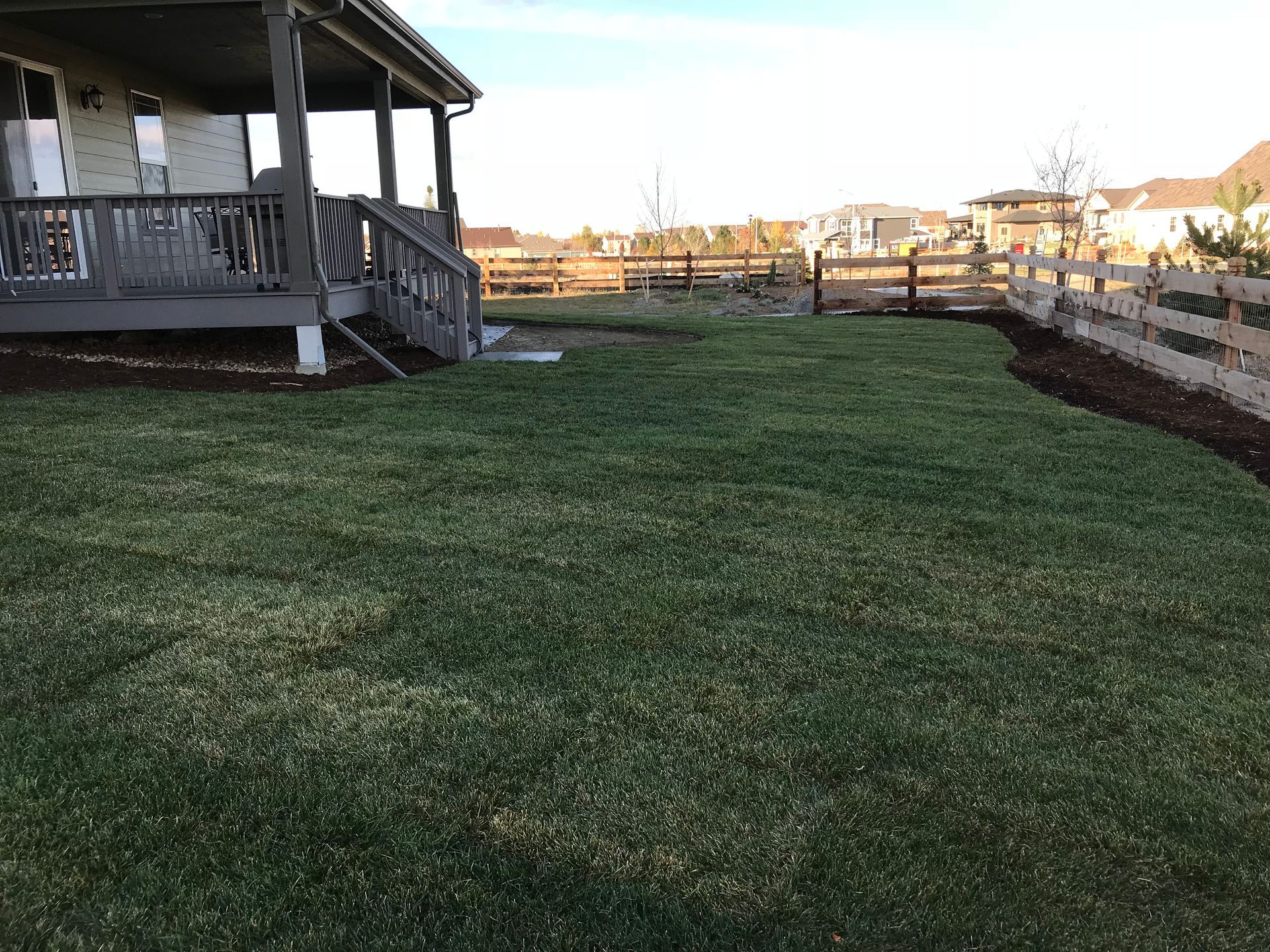 Green lawn next to a house with a porch and a wooden fence.