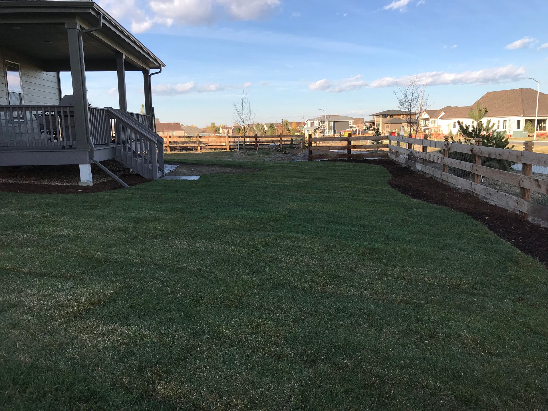 Green backyard with grass, a wooden fence, and a house with a porch.