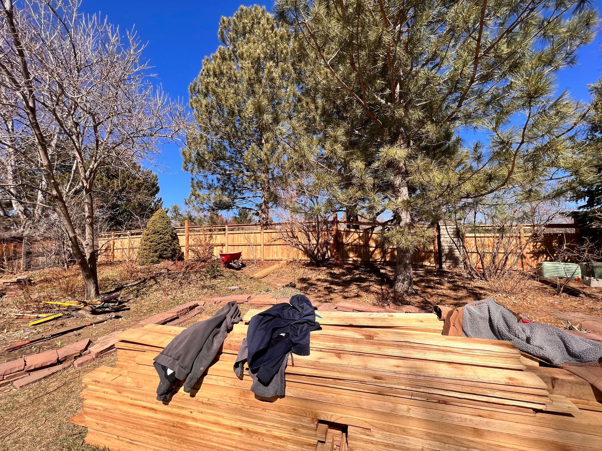 Backyard scene with coats on wooden structure; trees, fence, and blue sky.