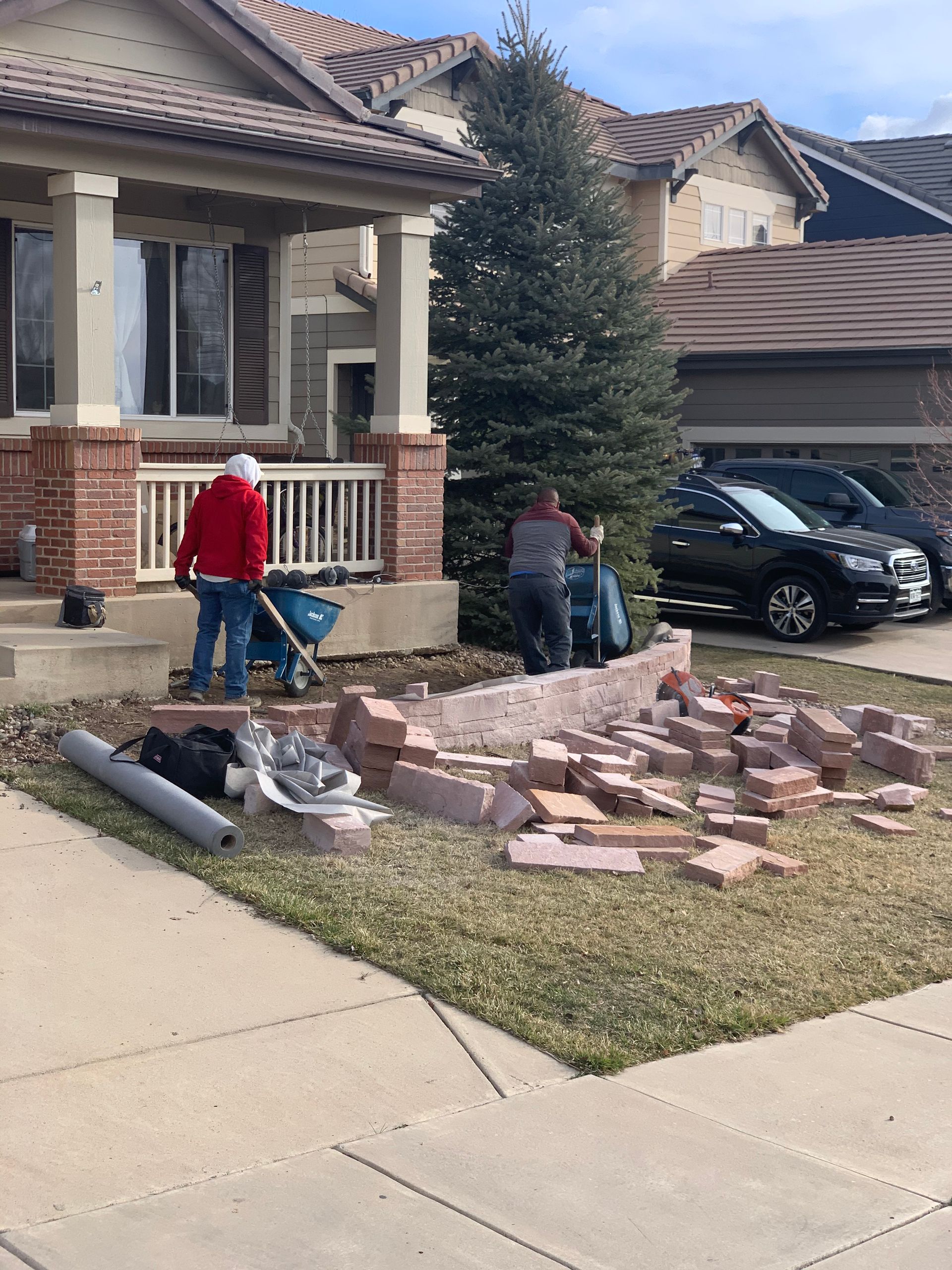 Two people demolishing a brick garden bed in front of a house. One is using a wheelbarrow. Sunny day.
