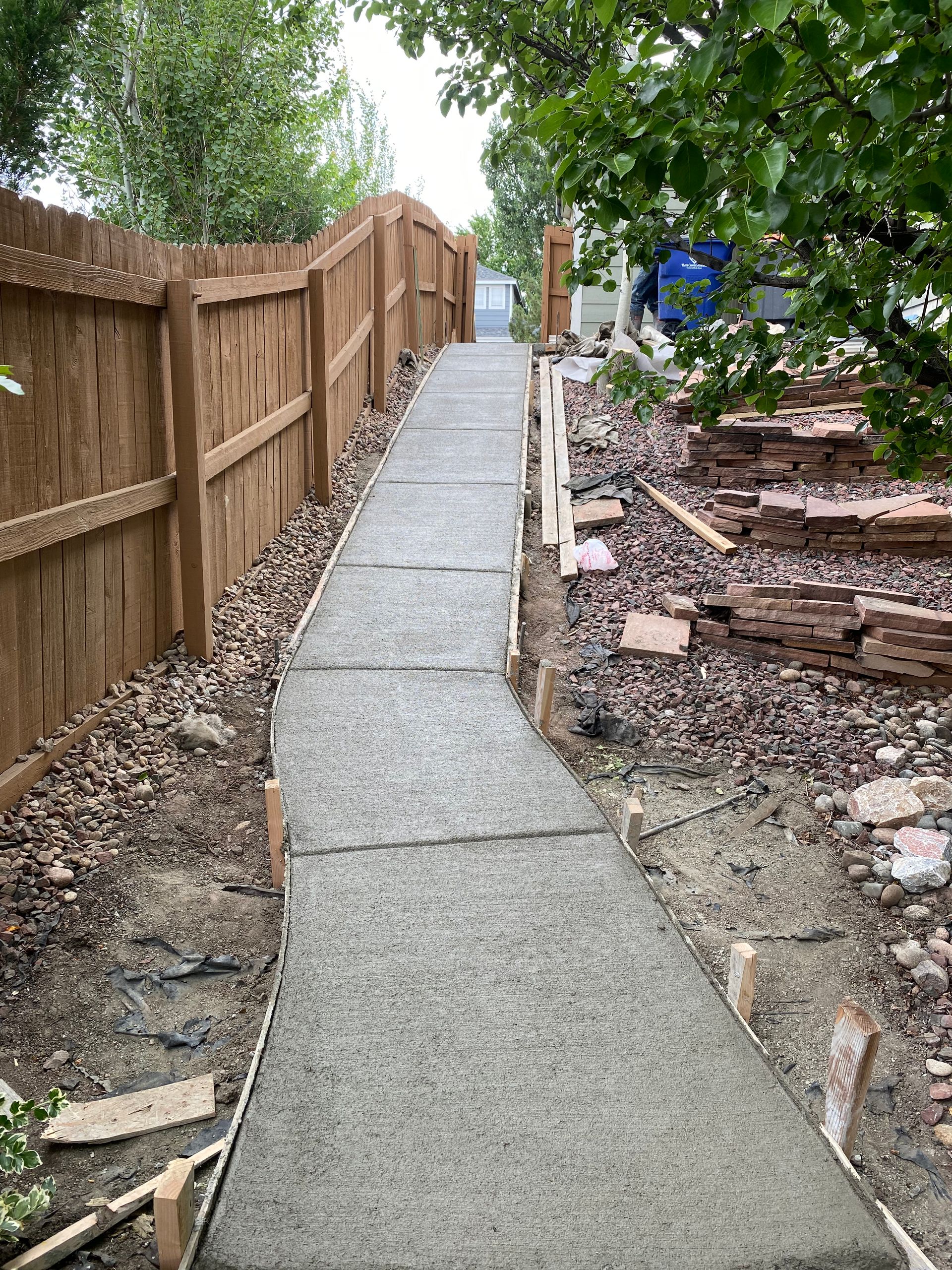 Newly poured concrete walkway next to a brown wooden fence, running through a yard.