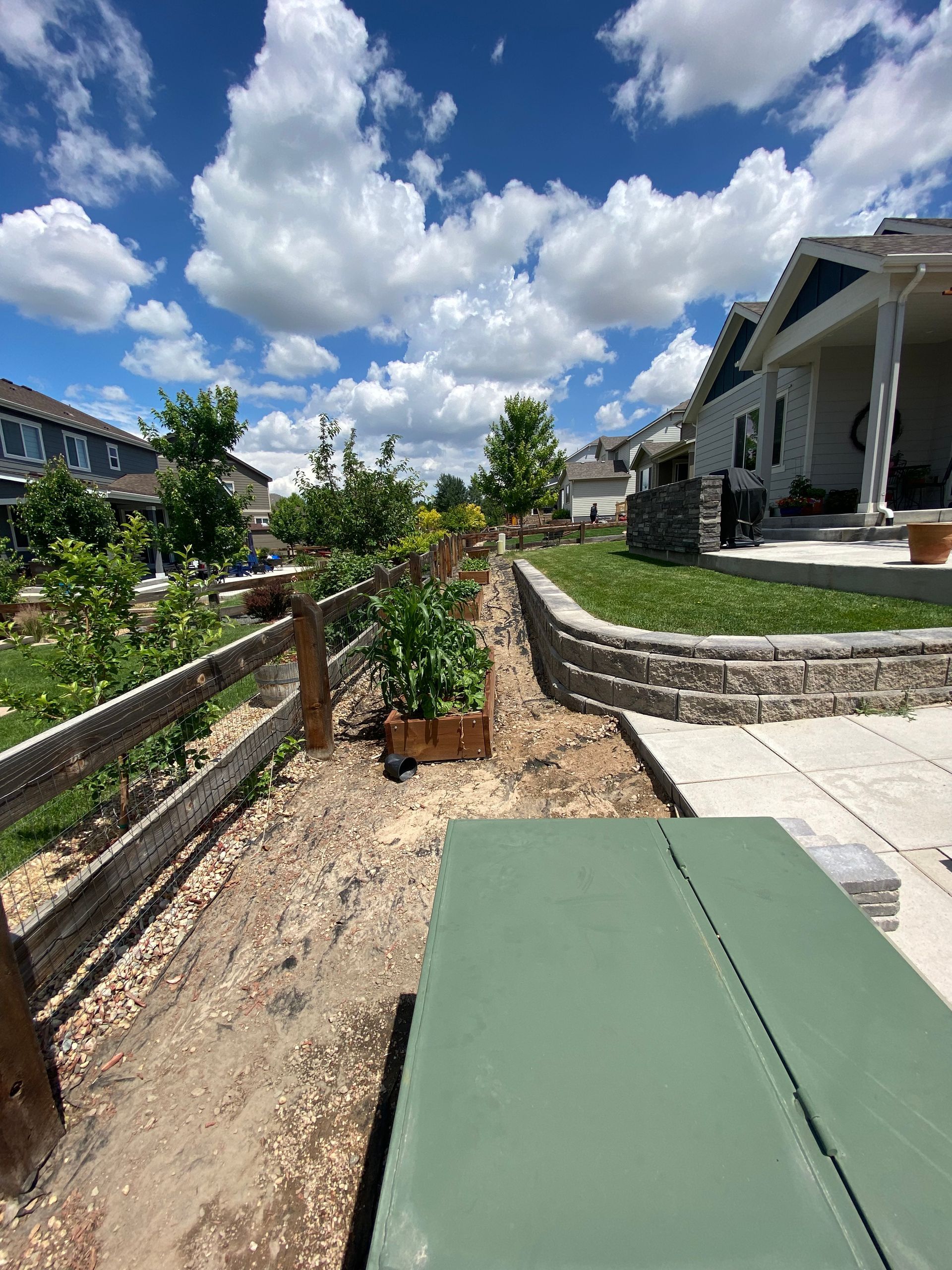 A backyard garden with a wooden fence, green table, and houses under a cloudy blue sky.