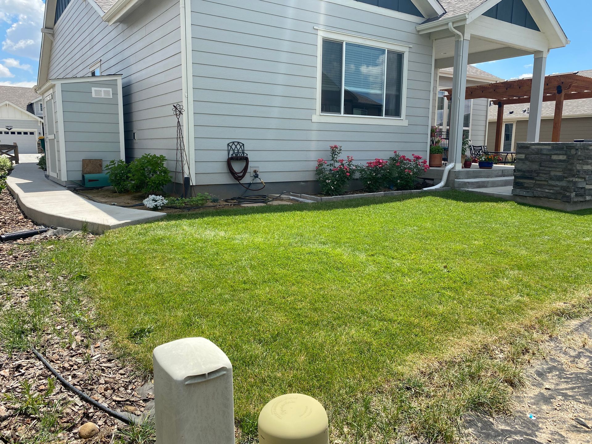A light blue house with a green lawn. There are white pillars and pink flowers in the yard.
