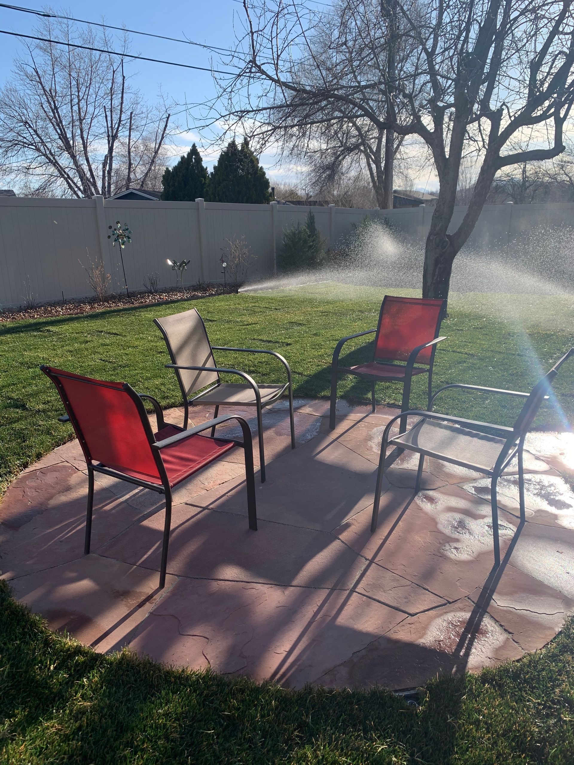 Four chairs on a patio with sprinklers spraying in a grassy yard, under a tree and a fence.