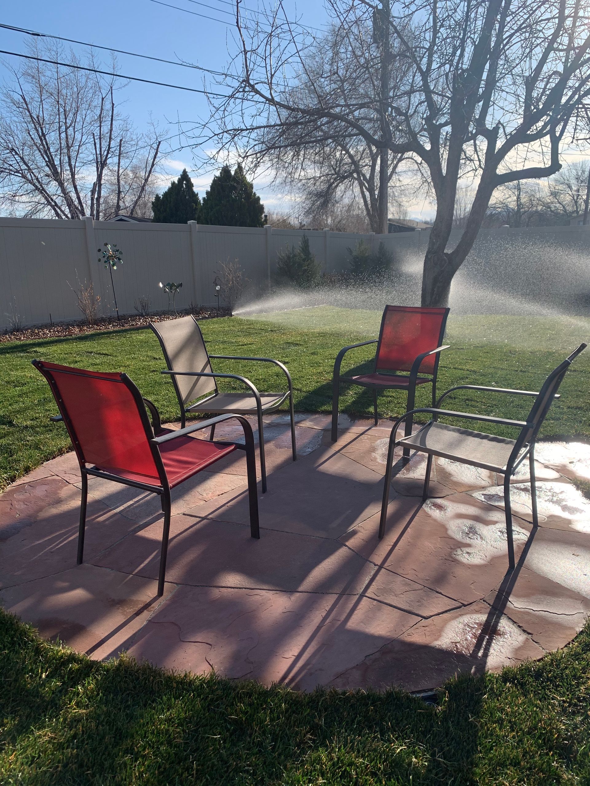 Four chairs on a patio with sprinklers running in a backyard.