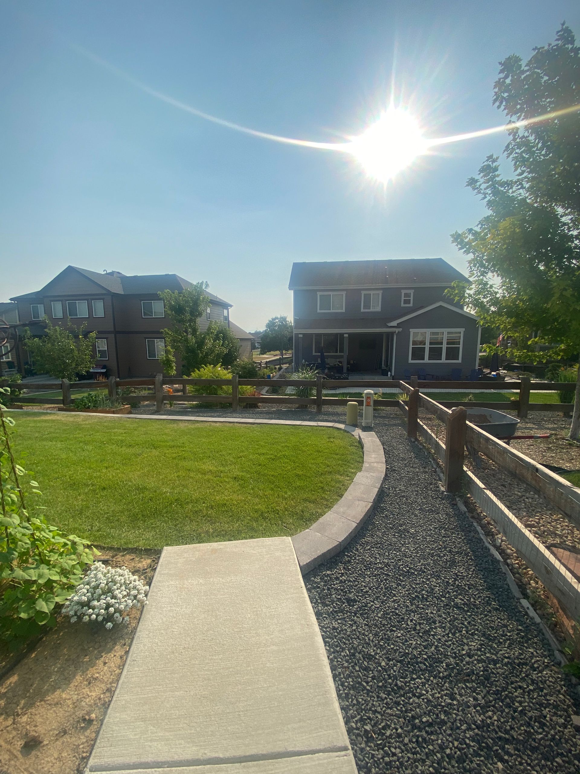 Backyard scene with houses, path, wooden fence, and green lawn under a bright sun.