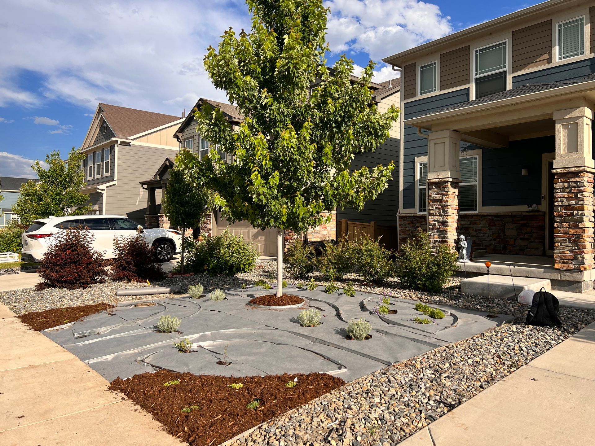Front yard landscape with trees, bushes, and a house. Gravel, mulch, and gray fabric. Sunny day.