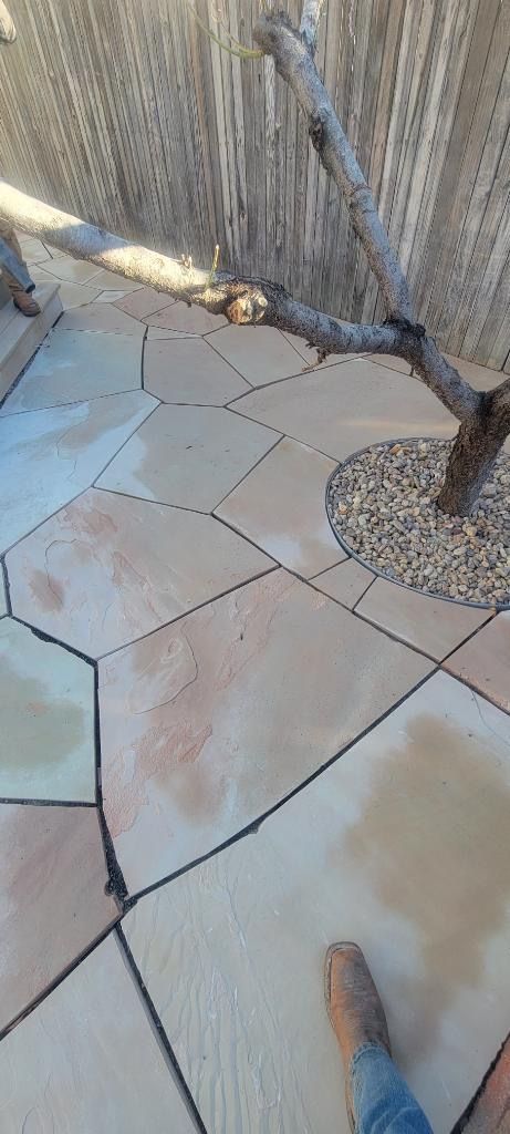 A stone patio with a tree, bordered by a wooden fence. A person's legs are visible.