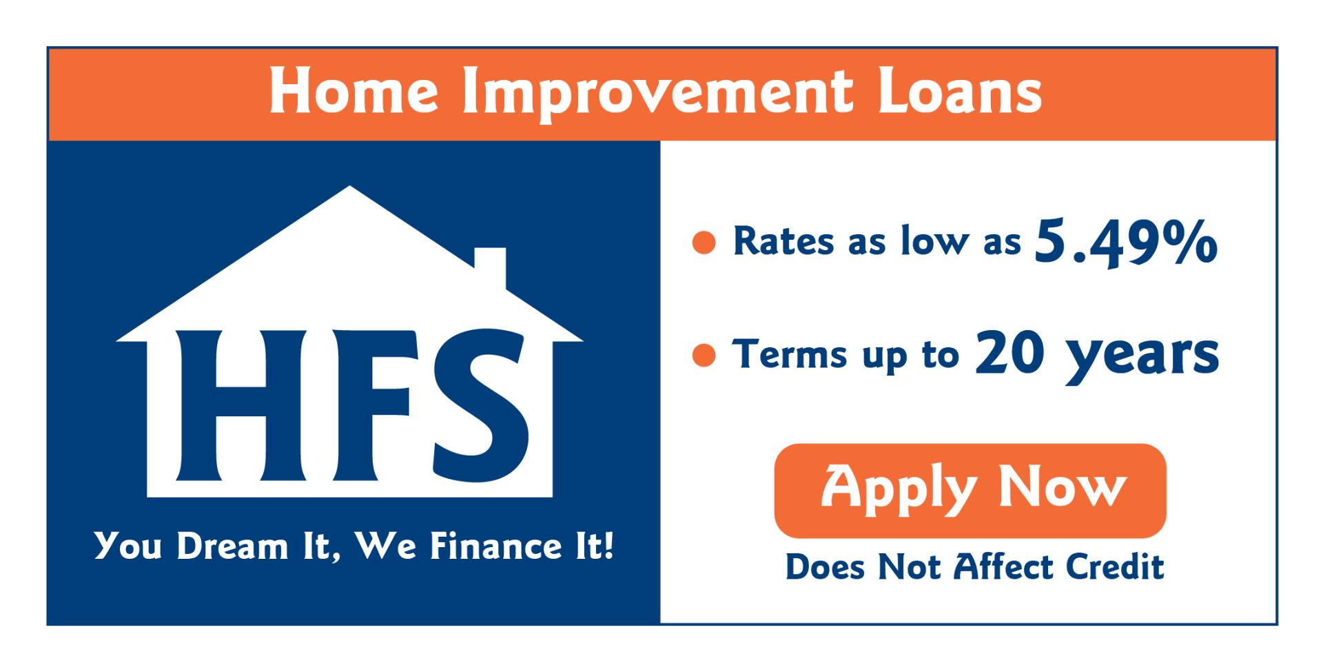 Home improvement loan advertisement. Blue and orange design with rates as low as 5.49%, terms up to 20 years. Apply Now.