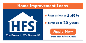 Home improvement loan advertisement. Blue and orange design with rates as low as 5.49%, terms up to 20 years. Apply Now.