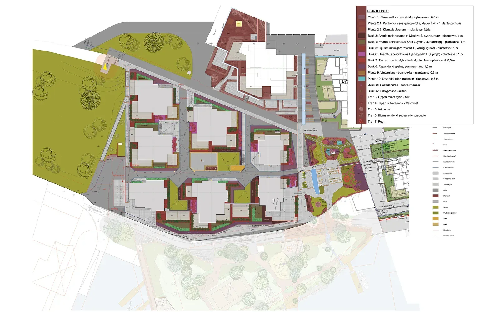 Landskapsplan for Bryggeparken torg med grøntareal, torgflater og variert vegetasjon i boligområde ved sjøen