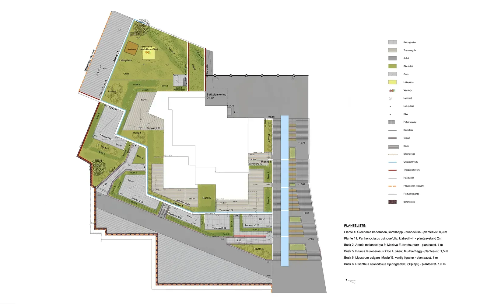 Landskapsprosjekt ved Bygg Q, med terrasserte uteområder, lekeplass, grønne felt og beplantning langs adkomst