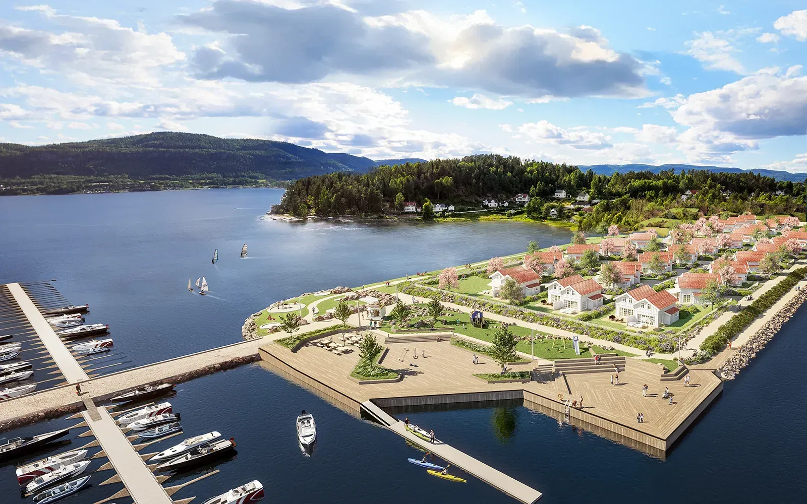 Visualisering av Solodden med småhusbebyggelse, bryggepromenade og grønne fellesarealer mot fjorden