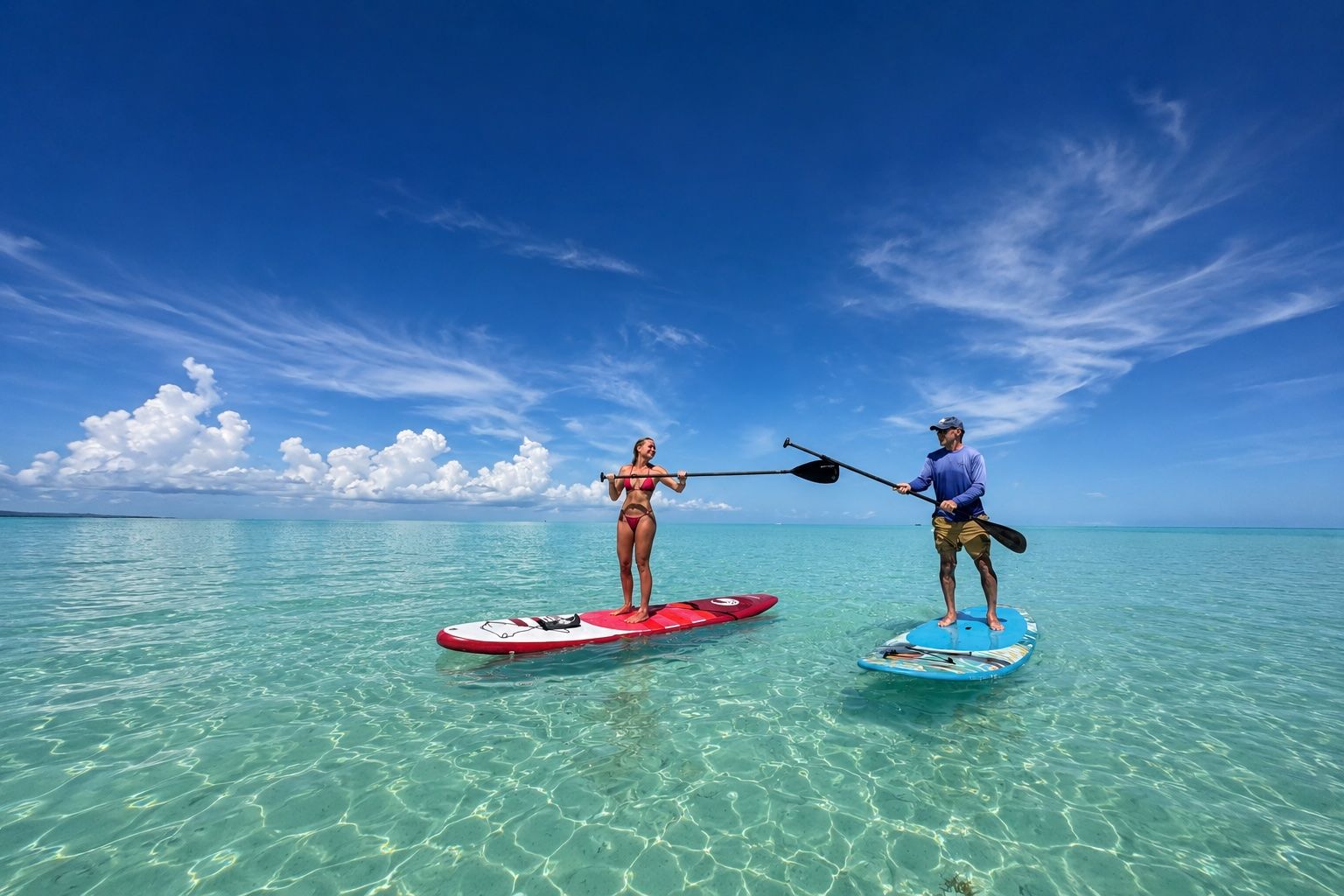 Two people paddleboarding on clear turquoise water under a bright blue sky with wispy clouds