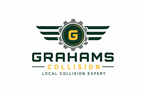 Grahams Collision logo with green winged emblem and black text on white background