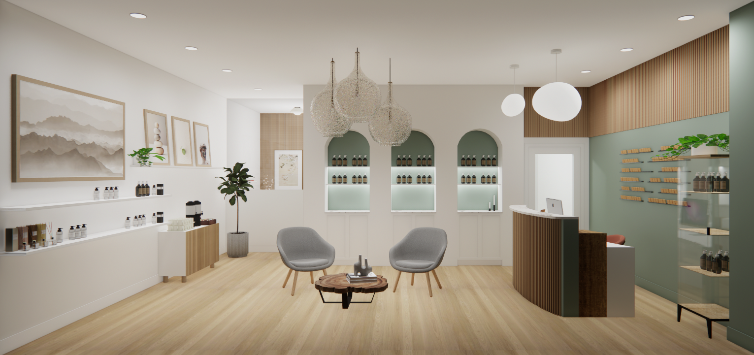 Intérieur d'un spa avec une réception, une salle d'attente avec des chaises et des présentoirs de produits.