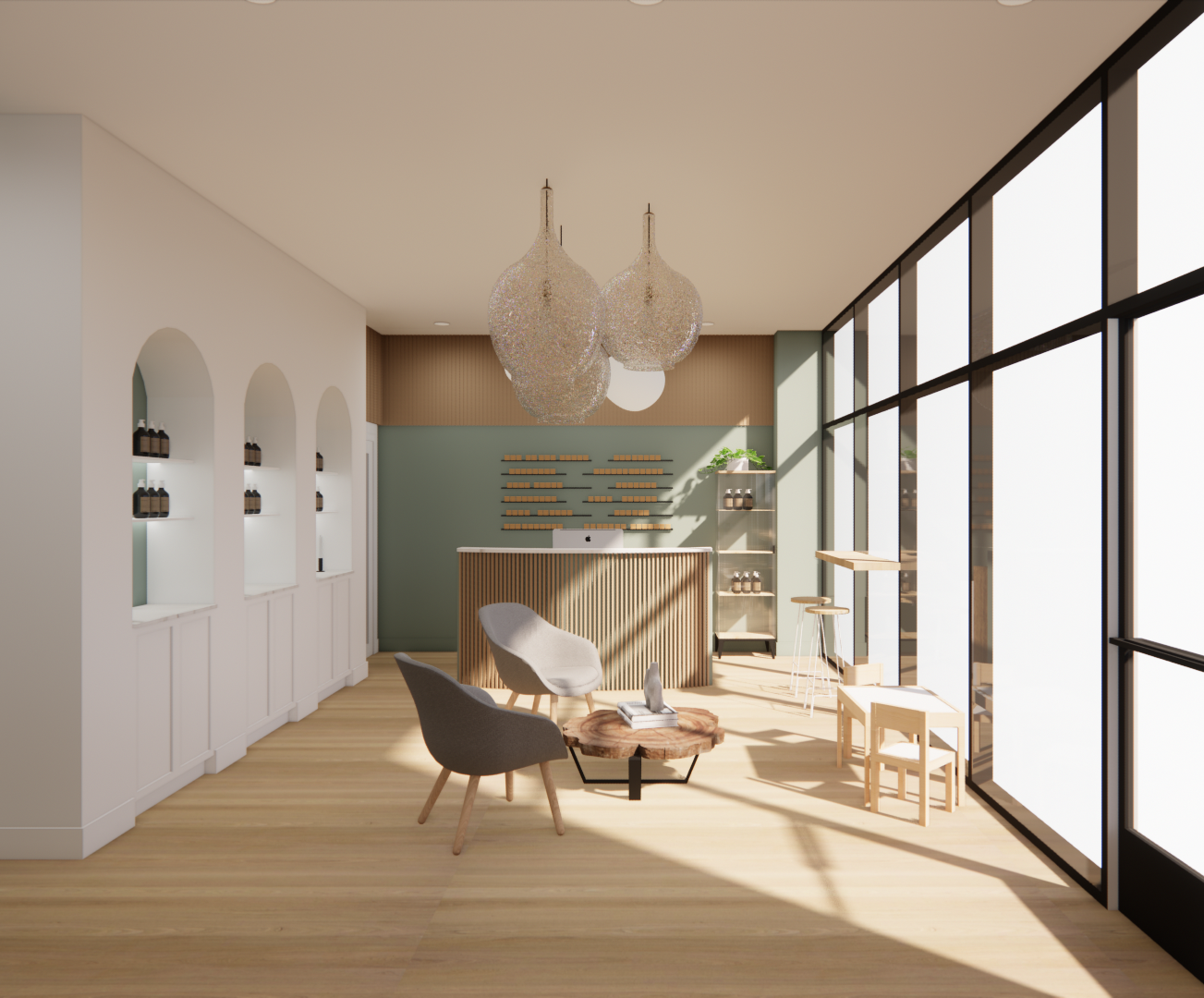Intérieur d'un spa avec parquet clair, coin salon et grandes fenêtres. Éclairage tamisé et palette de couleurs neutres.