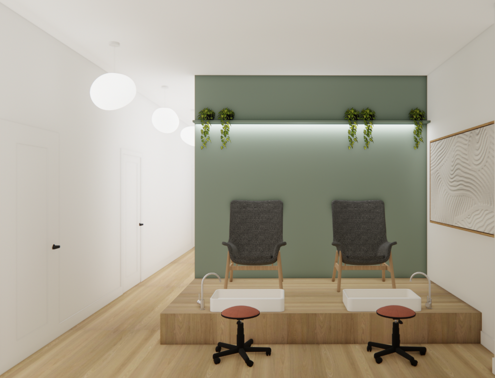 Intérieur d'un salon de manucure avec deux fauteuils, des bains de pieds et des tabourets sur une estrade, mur d'accent vert sauge avec des plantes.