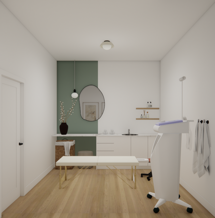 Salle de soins spa avec mur d'accent vert, table de massage et équipement médical.