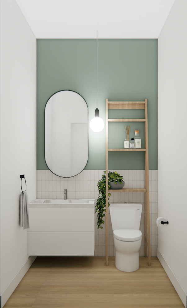 Salle de bains avec mur vert sauge, robinetterie blanche, étagères en bois et suspension lumineuse.