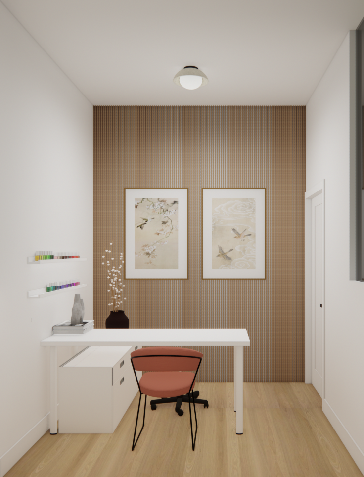 Bureau à domicile avec bureau blanc, chaise rose, œuvres d'art et mur à motifs.