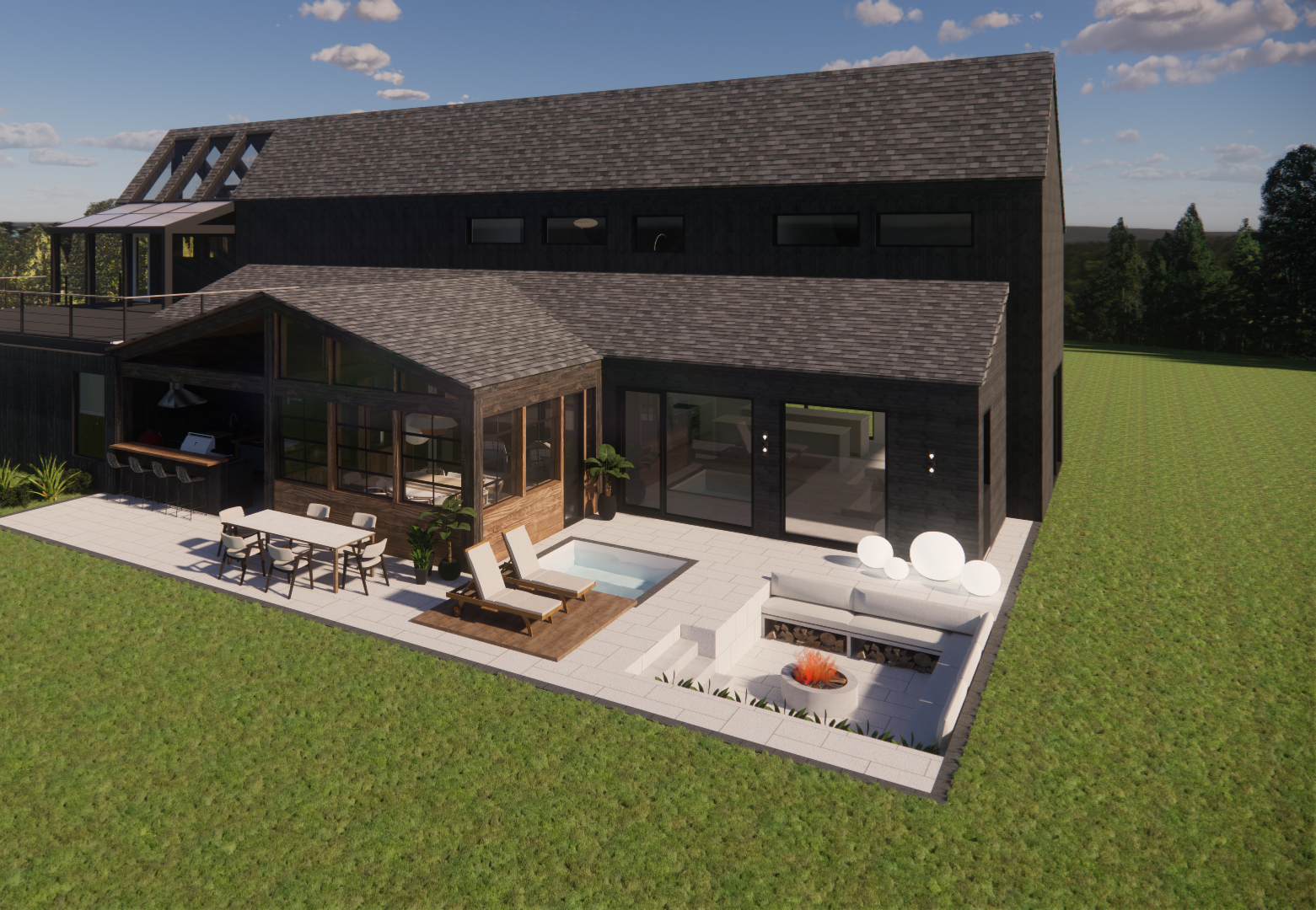 Maison moderne à deux étages avec façade noire, patio, jacuzzi, coin salon extérieur et pelouse verte.