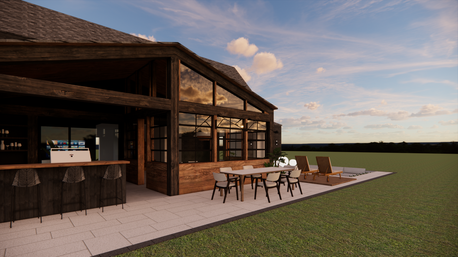 Extérieur d'une maison en bois sombre avec terrasse, table à manger et coin bar, située sur une pelouse verte.