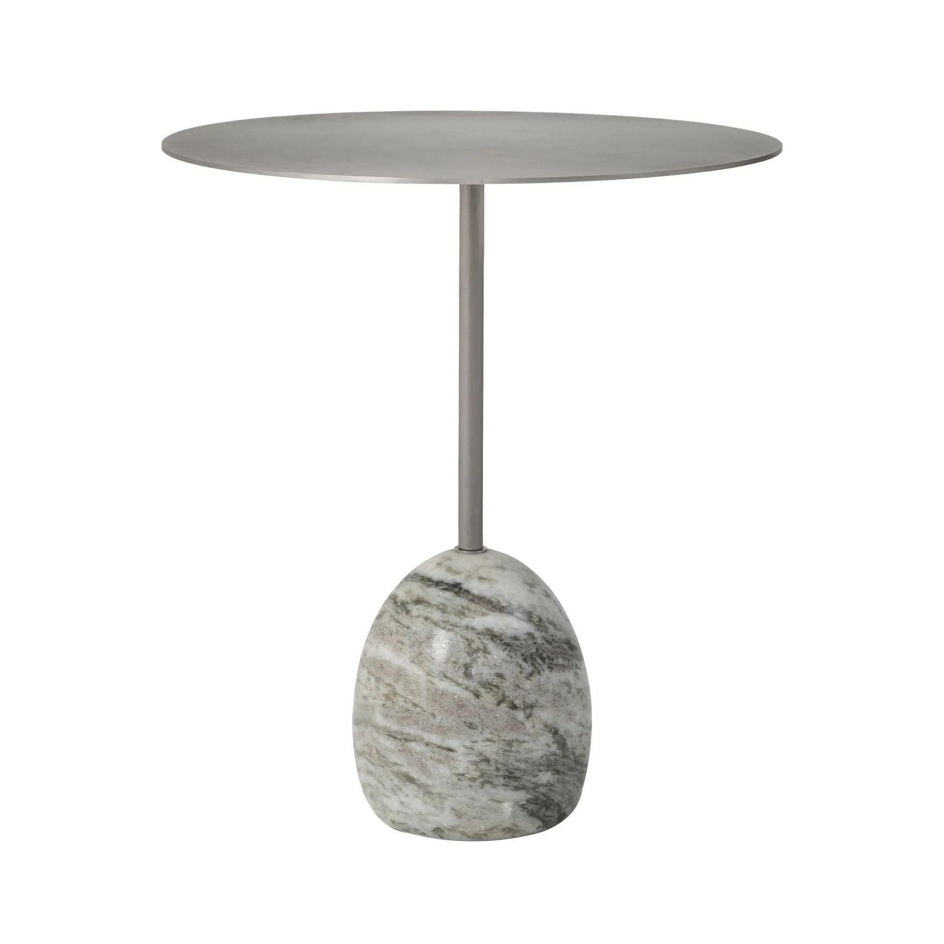 Table d'appoint grise avec base en pierre et plateau circulaire.