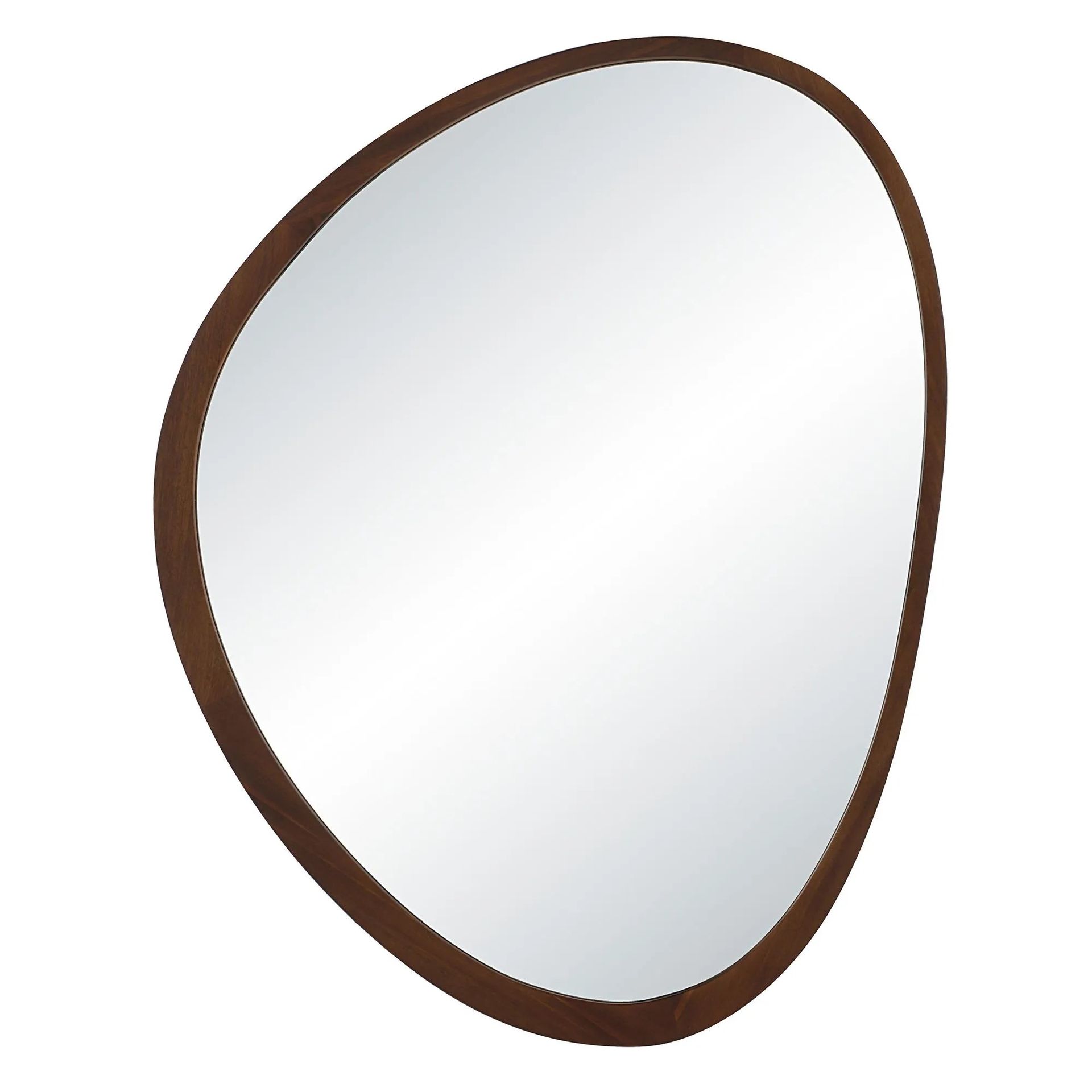 Miroir ovale à cadre en bois foncé. Le miroir reflète un espace clair et vierge.