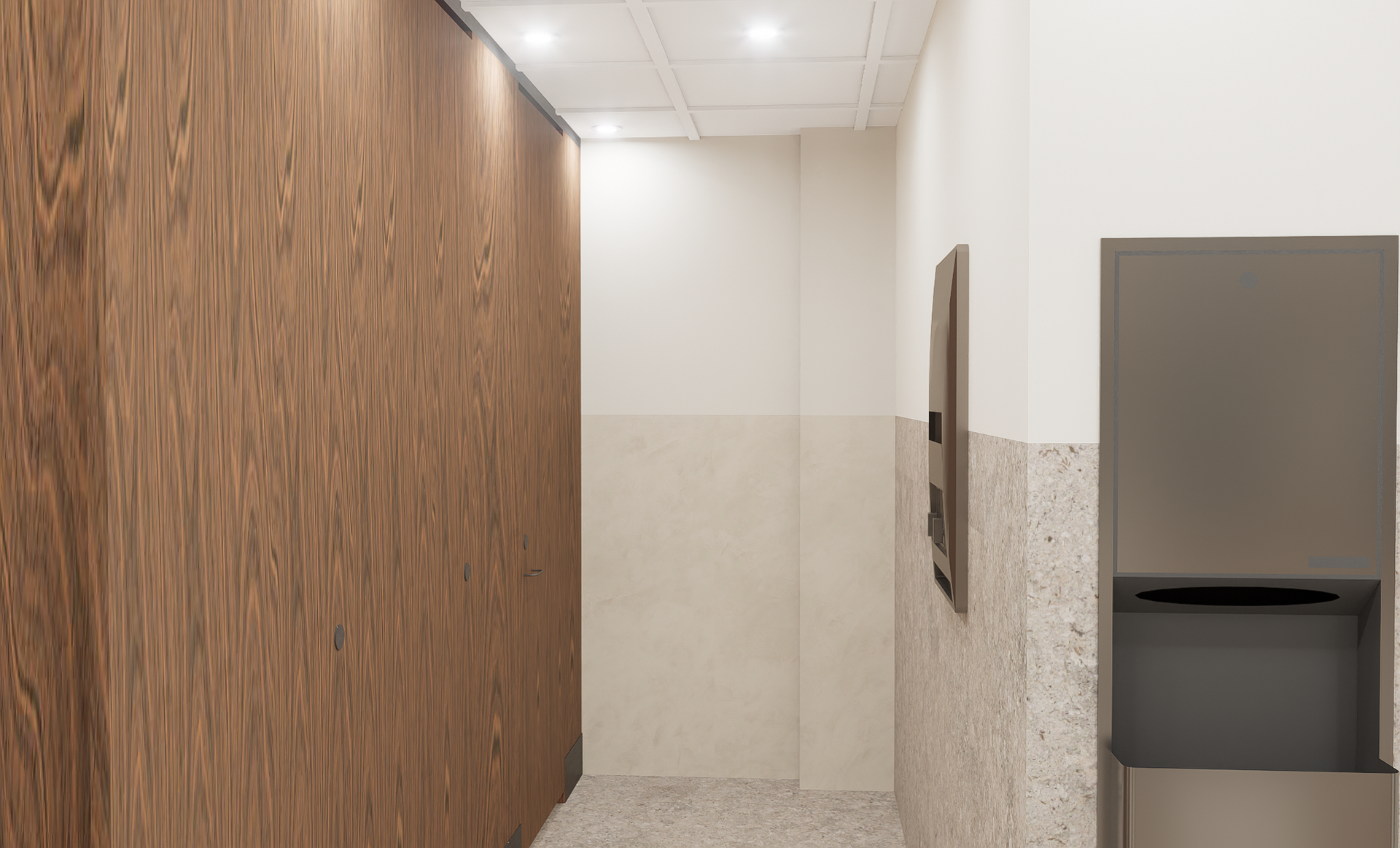 Couloir étroit avec mur lambrissé, murs blancs et distributeur de serviettes en papier encastré.