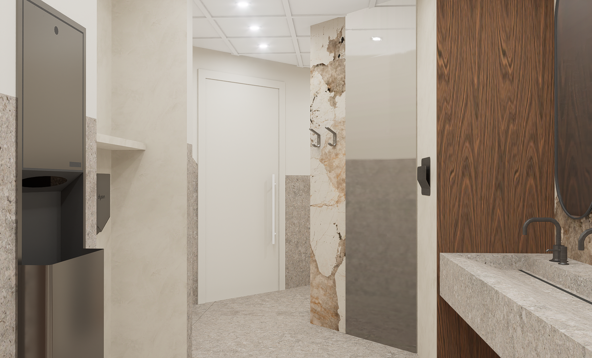 Vue intérieure d'une salle de bains moderne avec lavabo, distributeur de boissons et mur décoratif.
