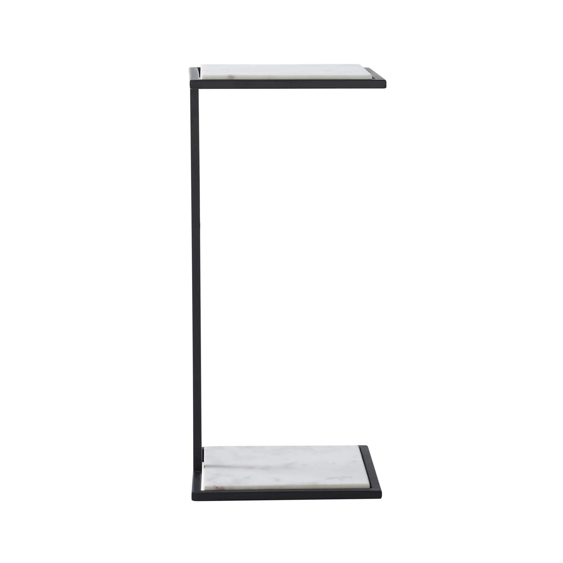 Table d'appoint en métal noir en forme de C avec plateau et base en marbre blanc.