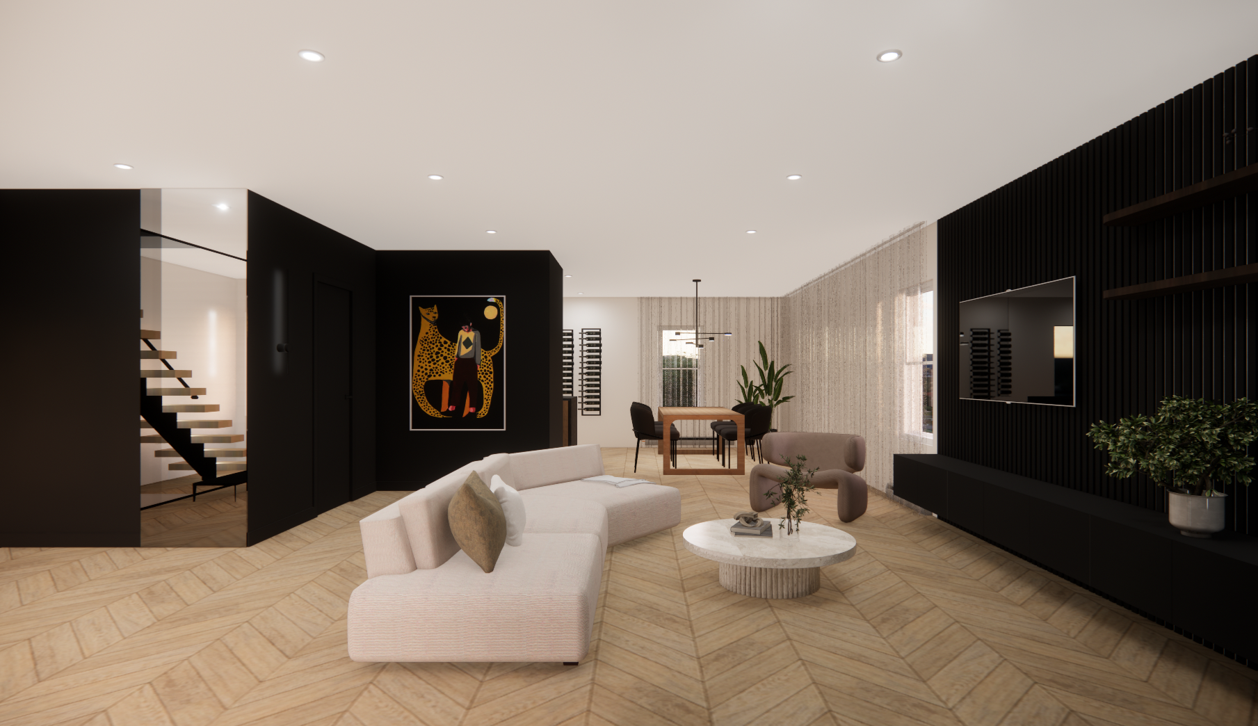 Salon moderne avec des touches de noir, un parquet clair et des meubles aux tons neutres.