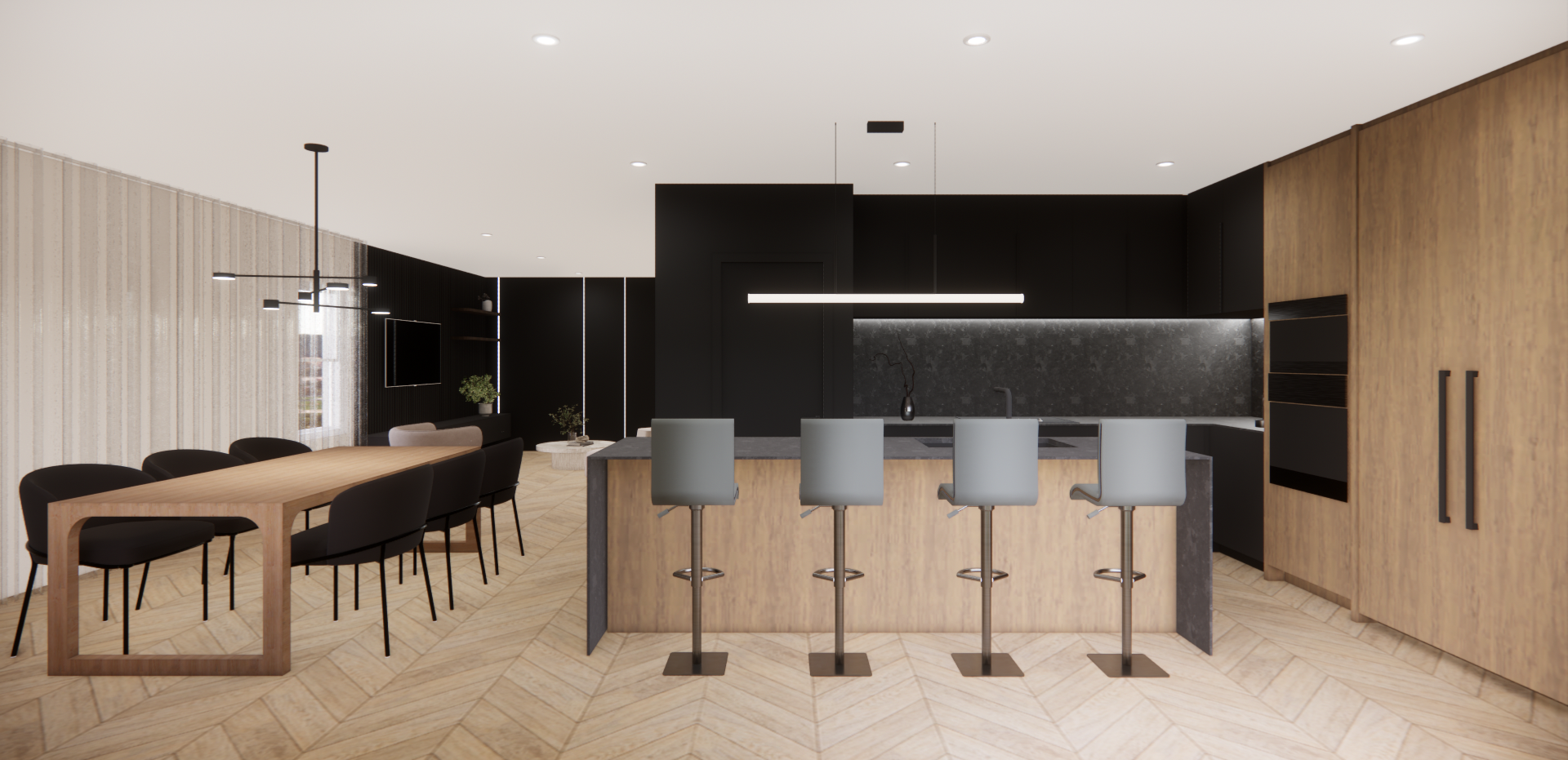 Cuisine moderne avec armoires en bois, crédence noire, îlot central avec tabourets gris et table à manger.