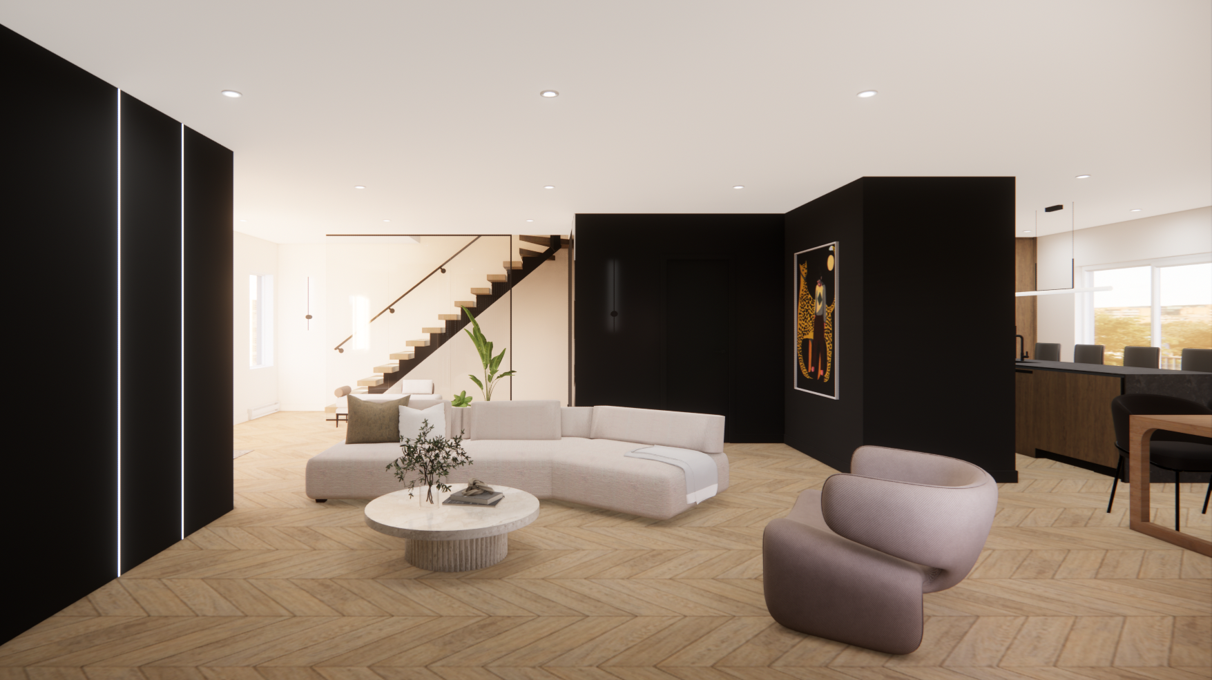 Salon moderne avec des touches de noir, un canapé incurvé et un escalier.