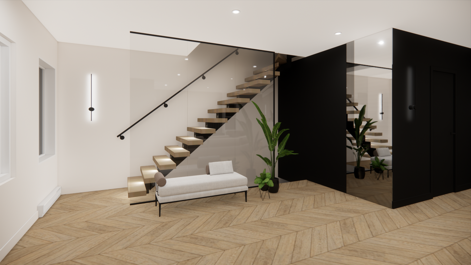Intérieur moderne avec escalier en bois, touches de noir et mur en miroir.