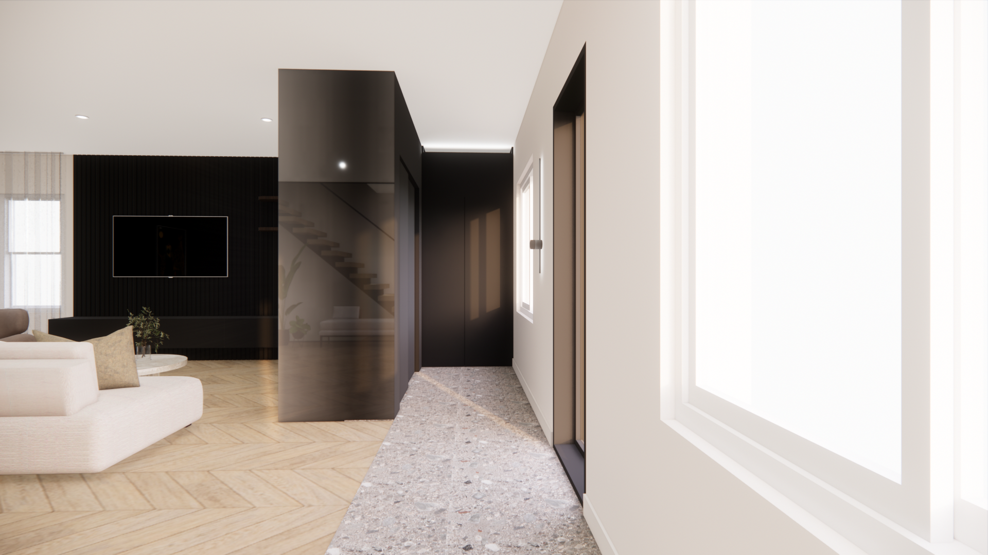 Salon moderne avec un mur d'accent noir, un canapé blanc et un parquet clair.