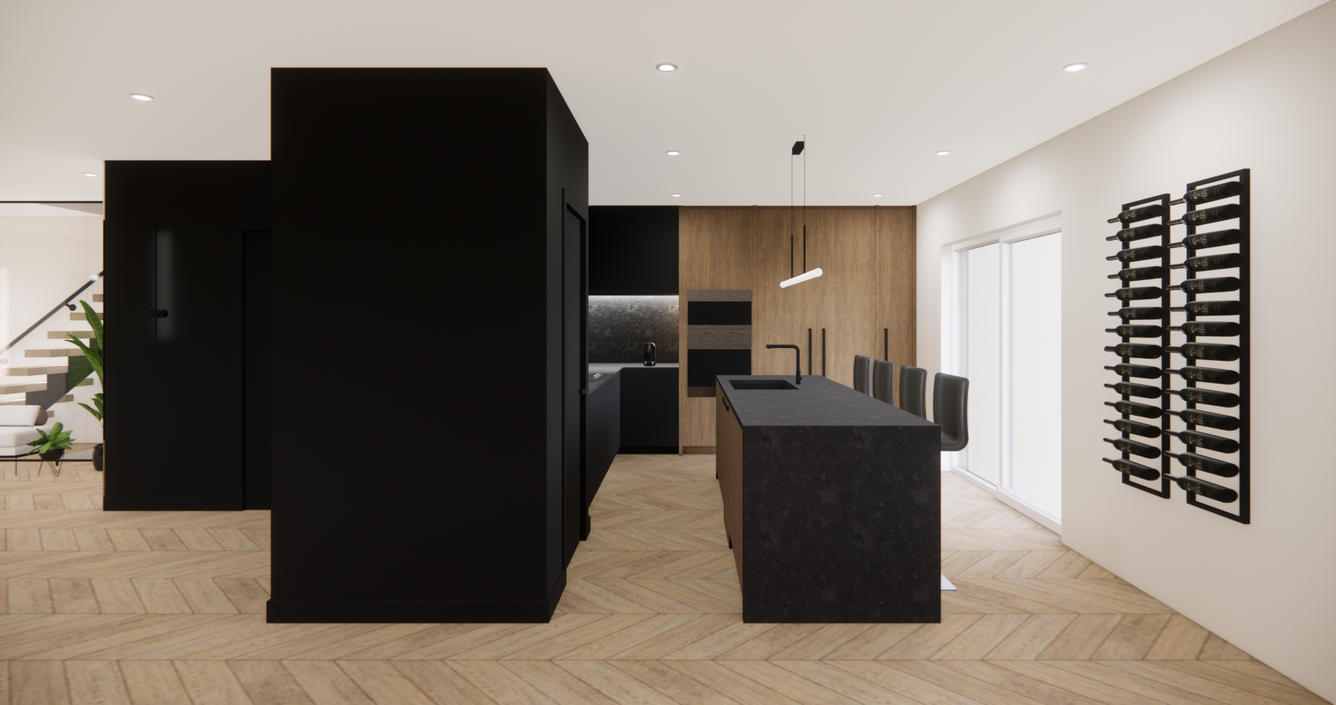 Cuisine moderne avec îlot central noir, placards en bois et casier à vin sur un mur blanc.
