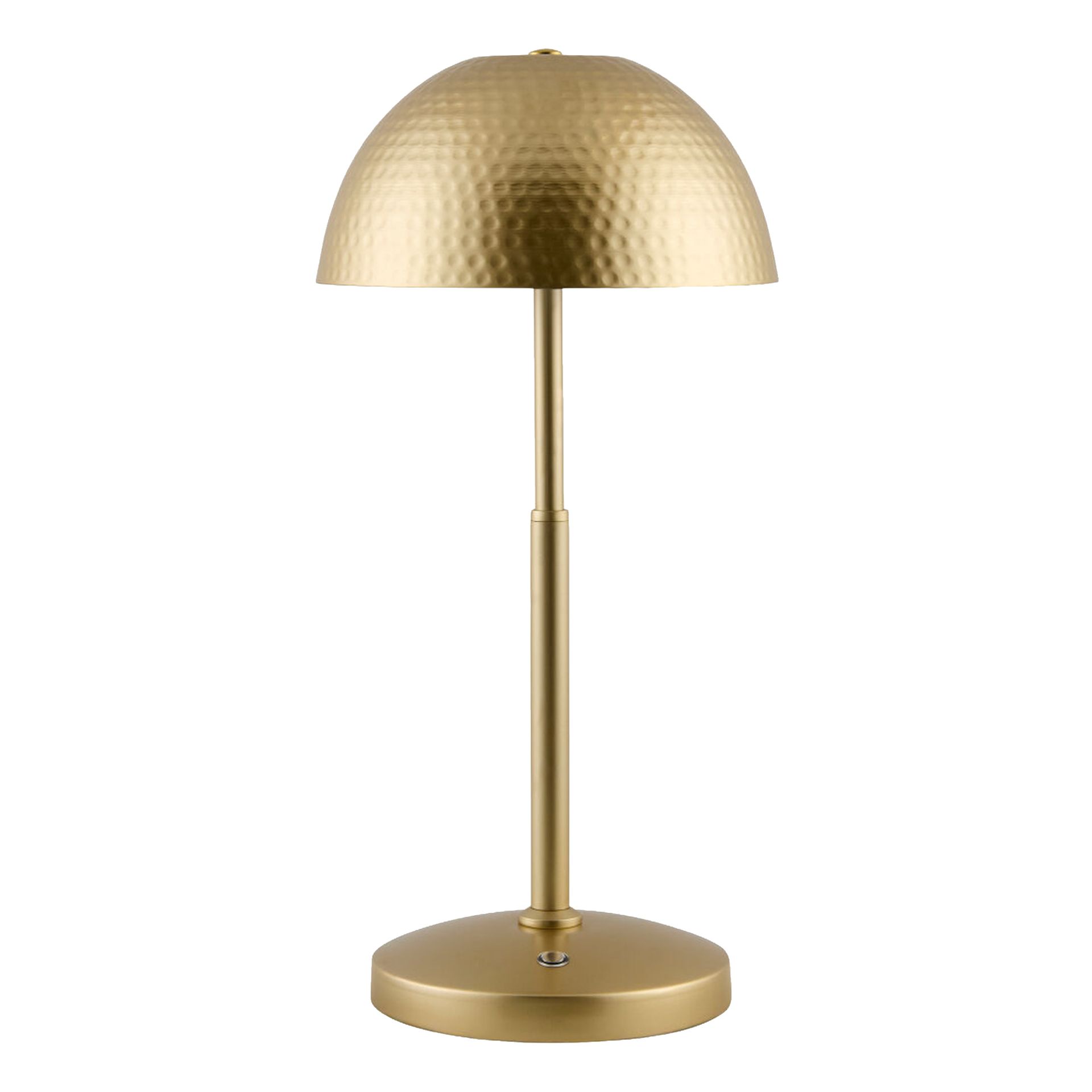 Lampe de bureau dorée avec abat-jour en forme de dôme martelé et base ronde.